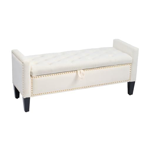 Grey Velvet Button Tufted Storage Ottoman Bench, 45" End of Bed Bench