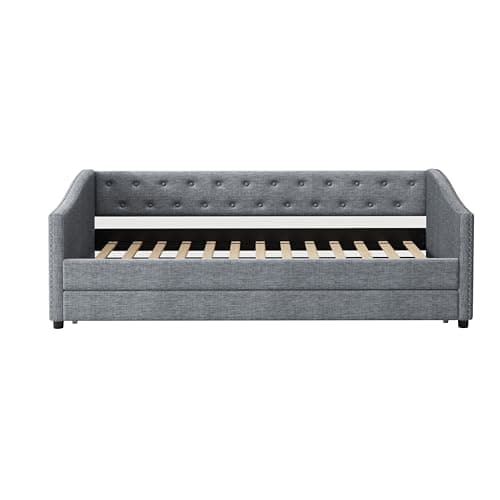 Twin Upholstered Daybed with Trundle, Tufted Button Back & Piping Arms, Light Grey