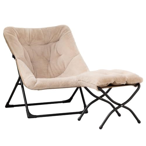 HollyHOME Beige Faux-Fur Oversized Folding Lounge Chair