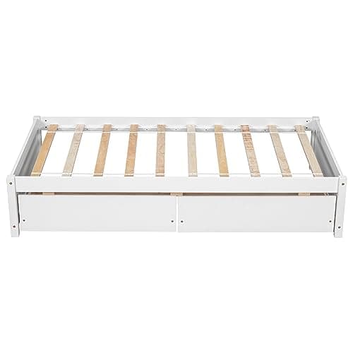 White Wood Storage Bed Frame with Drawers for Kids & Adults