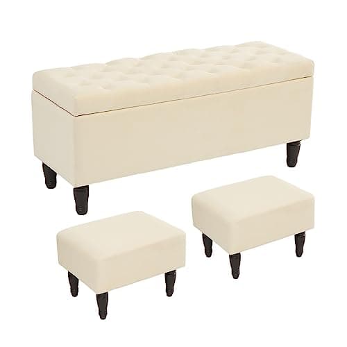 Off White Bedroom Bench with 2 Ottoman Footrests and Storage