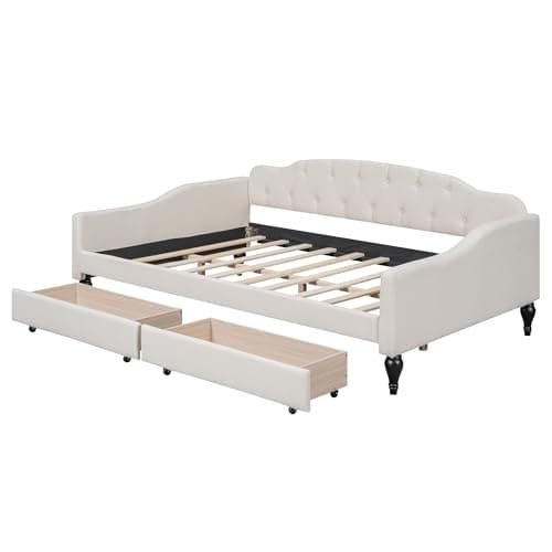 Beige Upholstered Tufted Daybed with Storage, Easy Assembly, No Box Spring Needed