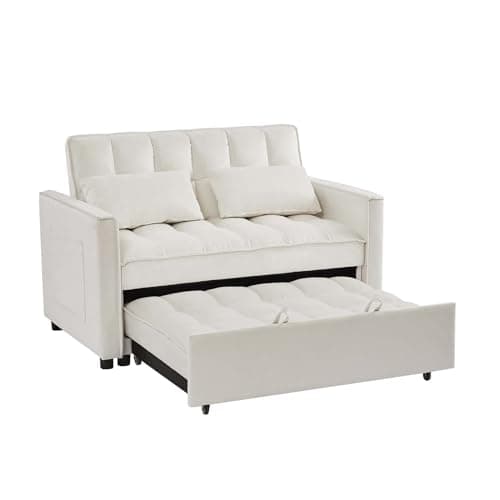JEEOHEY Off White Convertible Sleeper Sofa Bed, Modern Velvet 53" Sofa Bed for Small Space & Living Room