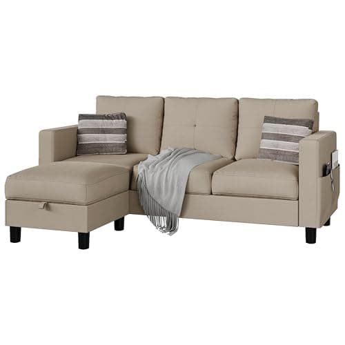 JAMFLY L-Shaped Sectional Sofas with Storage for Small Spaces, Light Brown