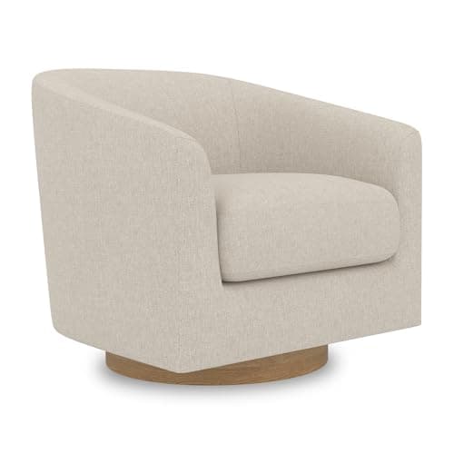Ivory Swivel Accent Chair with Modern Barrel-Curved Arms and Solid Wood Base