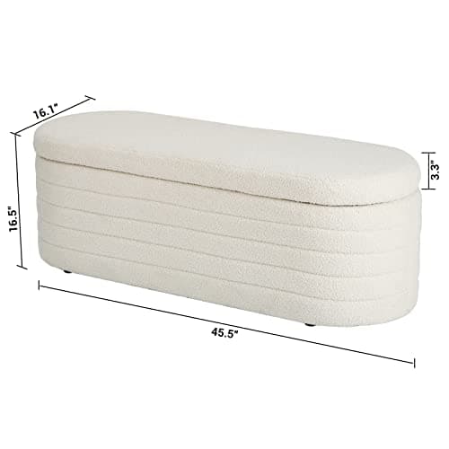 Oval White Sherpa Upholstered Storage Bench for Living Room Bed Entryway