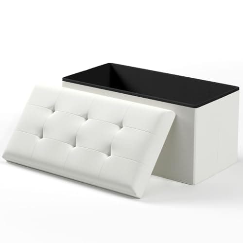White Storage Ottoman Bench with Folding Foot Rest, 15 x 43 x 15 Inches