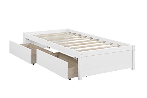 White Wood Storage Bed Frame with Drawers for Kids & Adults