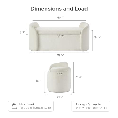 Mopio Sophie 51" Curved Ottoman Storage Bench, Bedroom Seating & Storage