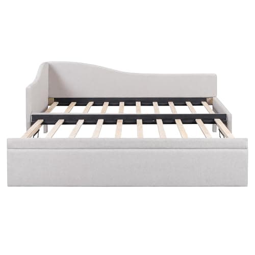 Beige Linen Extendable Day Bed with Pop Up Trundle,Twin to King
