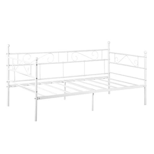 Beige Twin Metal Daybed Frame with Headboard & Mattress Platform Bed