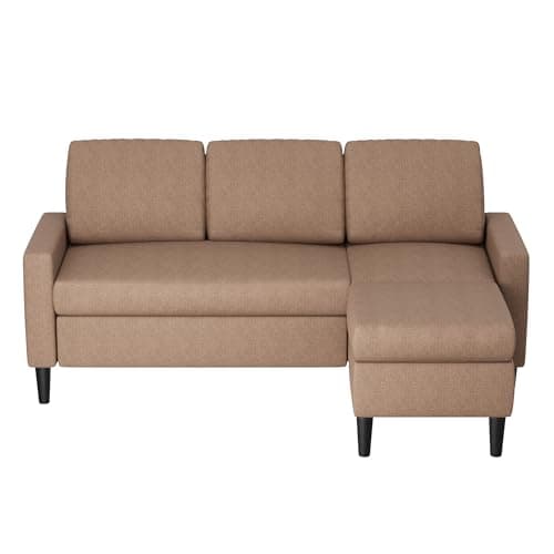 Shintenchi Brown 3 Seat L-Shaped Convertible Sofa with Ottoman, Linen Fabric