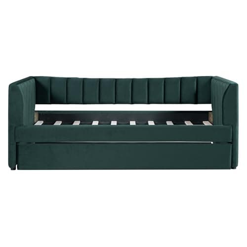Merax Velvet Daybed with Backrest and Armrests, Green, Twin with Trundle