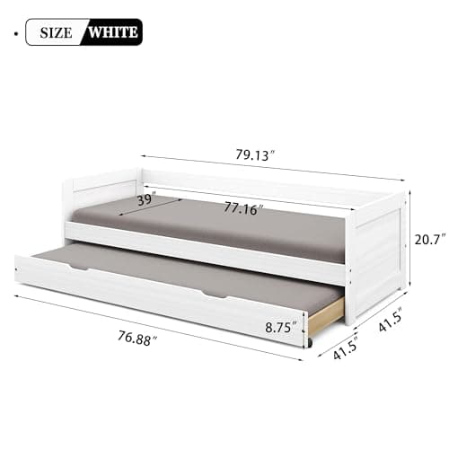 Modern Wood Daybed with Armrest & Trundle, White