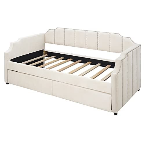 Meritline Beige Tufted Twin Daybed with Drawers & Storage