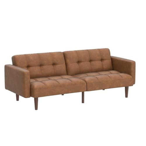 Mid Century Modern Futon Couch for Living Room and Bedroom - Pecan Brown, Faux Leather