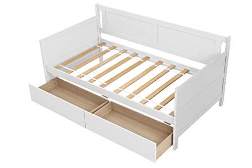 Twin Size Daybed Frame with Storage Drawers, White Wood Bed