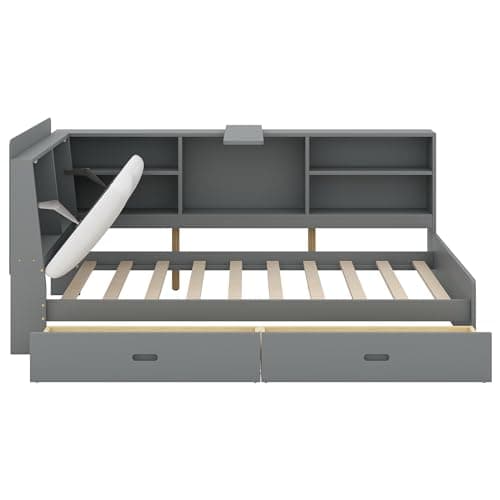 Twin L-Shaped Daybed with Upholstered Headboard & Drawers, Gray Captains Bed & Bookcase