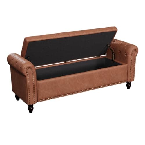Faux Leather Window Bench with Storage & Tufted Button Detail, 65" Bedroom Bench, Brown