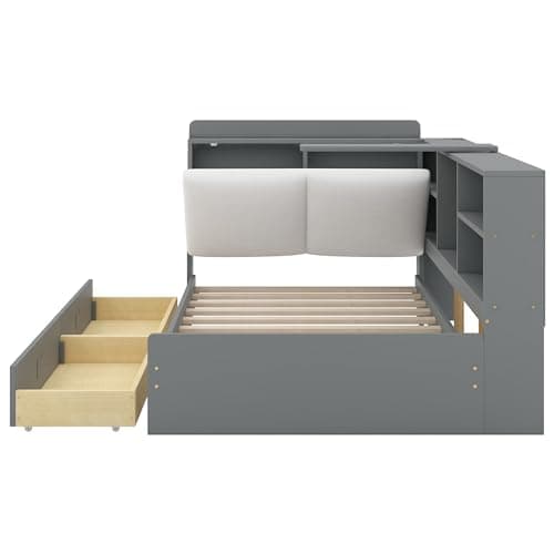 Twin L-Shaped Daybed with Upholstered Headboard & Drawers, Gray Captains Bed & Bookcase