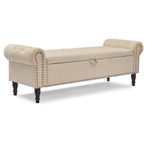 Linen Button Tufted King Ottoman for Bed End, Window Seat with Nailhead Trim