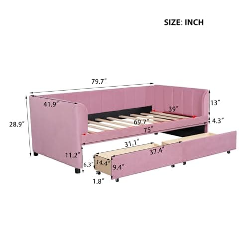 Velvet Daybed with Storage Drawers and Striped Headboard Design, Twin Size, Pink