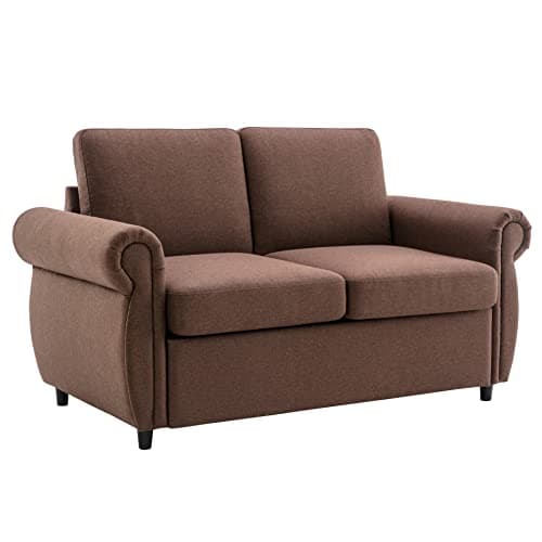 Merax Sleeper Couch with Pull Out Bed, Compact Brown Sofa for Living Room or Bedroom, Includes Mattress