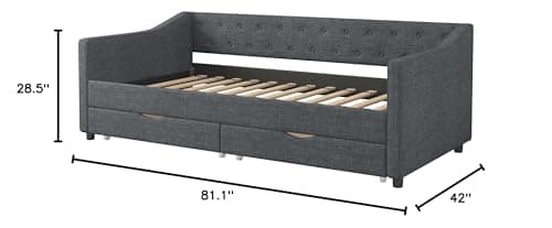 Ergonomic Twin Upholstered Daybed with Drawers & Waved Arms, Dark Grey