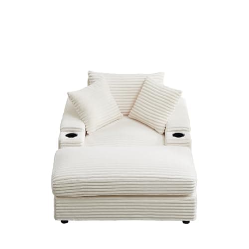 Eafurn Corduroy Upholstered Chaise Lounge Sofa with Ottoman & Cupholders