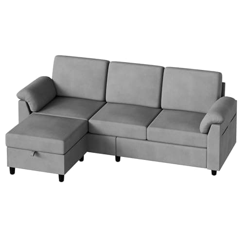 Vongrasig 79" L-Shaped Couch with Storage Ottoman, Light Grey Linen Fabric