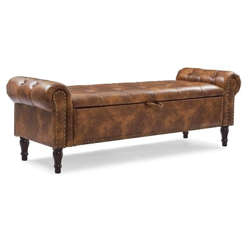 Linen Button Tufted King Ottoman for Bed End, Window Seat with Nailhead Trim