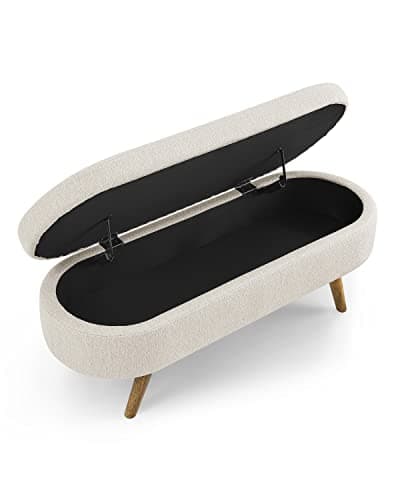 Beige Linen Oval Storage Bench 43.5" for Living Room/Ottoman Entryway