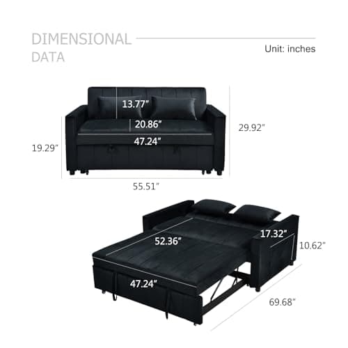 Black 55.51" 3-in-1 Futon Sofa Bed with Pullout Bed & Adjustable Backrest