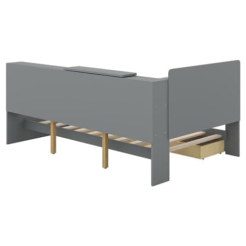 Twin L-Shaped Daybed with Upholstered Headboard & Drawers, Gray Captains Bed & Bookcase