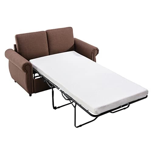 Merax Sleeper Couch with Pull Out Bed, Compact Brown Sofa for Living Room or Bedroom, Includes Mattress