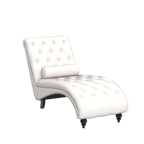 Beige Button-Tufted Armless Chaise Lounge with Solid Wood Legs & Pillow for Living Room