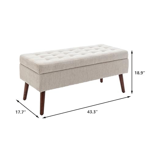 Beige Linen Tufted End of Bed Storage Bench with Solid Wood Legs
