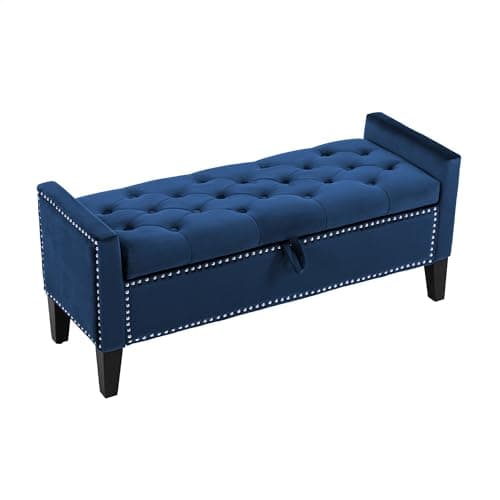 Grey Velvet Button Tufted Storage Ottoman Bench, 45" End of Bed Bench