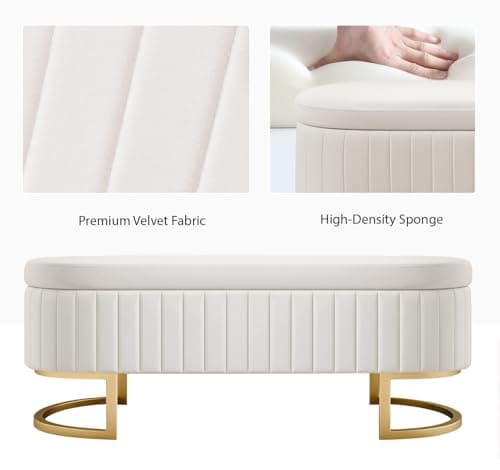 50" Velvet Ottoman Bench, Gold Legs, 300lb Seat, Ivory End Table Bench