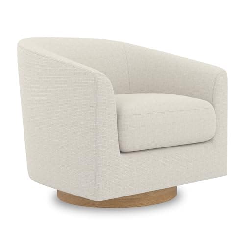 Ivory Swivel Accent Chair with Modern Barrel-Curved Arms and Solid Wood Base