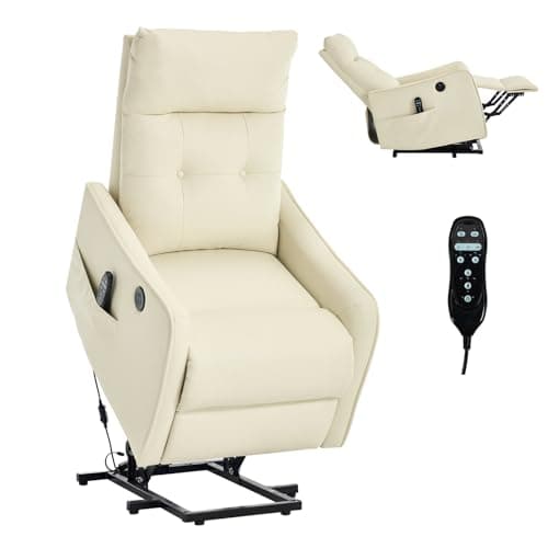 Power Lift Recliner Chair with Heat and Massage for Elderly, Electric Recliner Chairs with Standing Assistance, 2 Cup Holders, 4 Pockets, USB Charge Port, Breathable Leather Brown