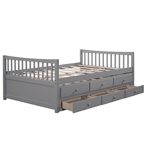 Upholstered Daybed with Trundle, Drawers, and Wood Slat Support Frame - Grey