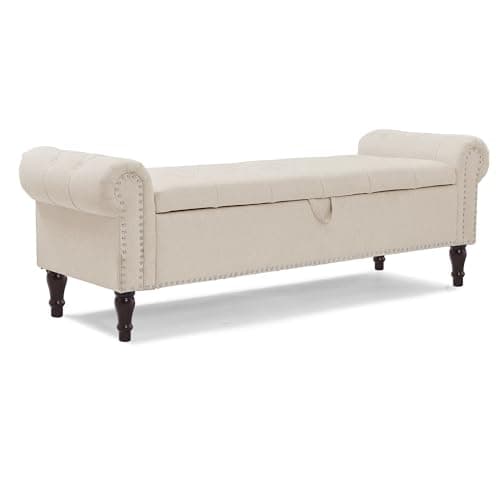 Linen Button Tufted King Ottoman for Bed End, Window Seat with Nailhead Trim