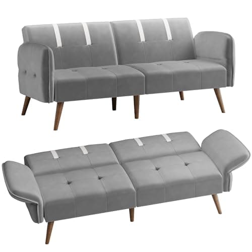 Shintenchi Dark Gray Velvet Reclining Sofa Bed with Foldable Arms