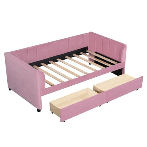Velvet Daybed with Storage Drawers and Striped Headboard Design, Twin Size, Pink