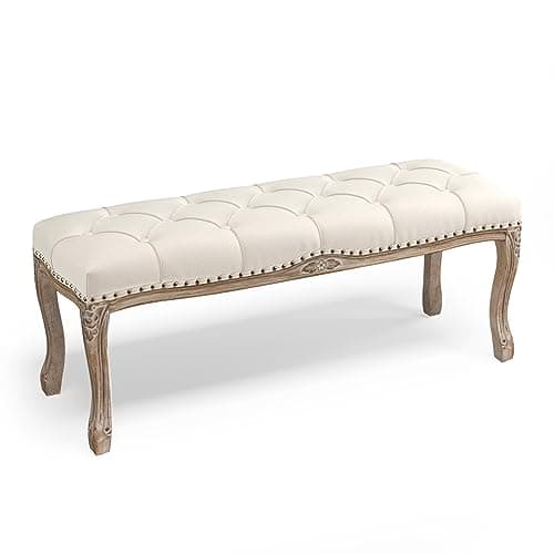 French Vintage Tufted Bench, Beige Distressed Wood Legs, Living Room, Foyer, Dining Room