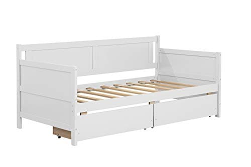 Twin Size Daybed Frame with Storage Drawers, White Wood Bed