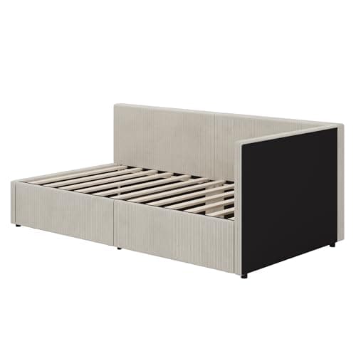 LUSPAZ Beige L-Shape Corduroy Daybed with 2 Drawers & Striped Legs, No Box Spring Required