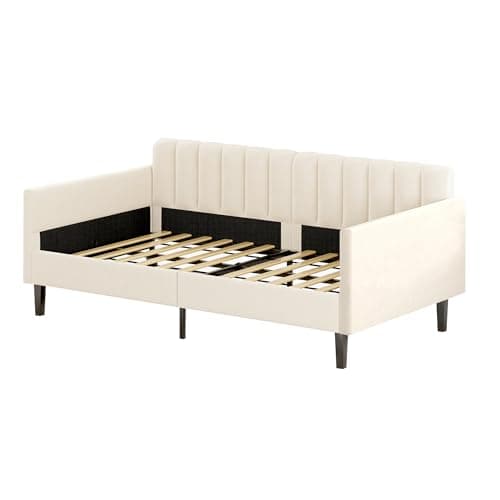Twin Size Upholstered Daybed with Wood Slat Support in Ivory Velvet