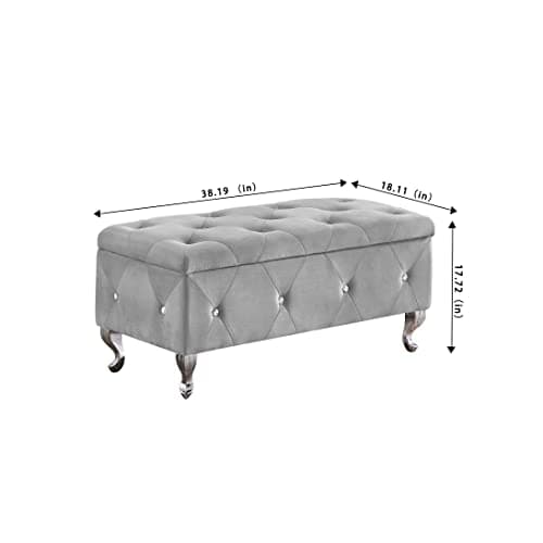Velvet Upholstered Storage Ottoman Bench with Safety Hinge and Padded Seat in Grey